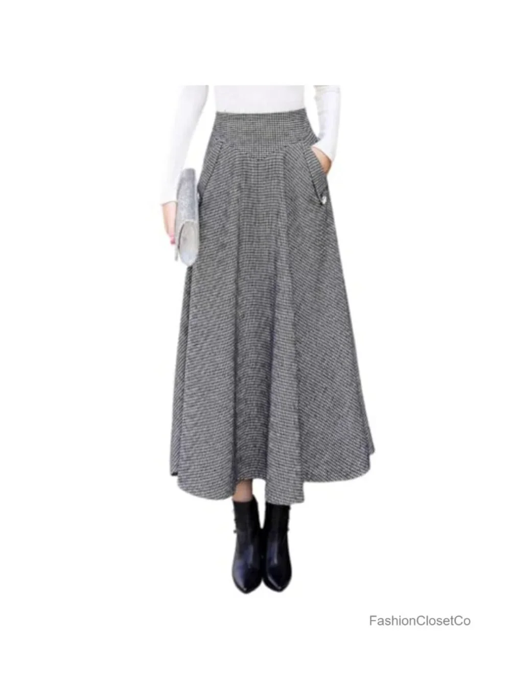 Women's Houndstooth Wool Blend Midi A-Line Pleated Skirt with Pockets